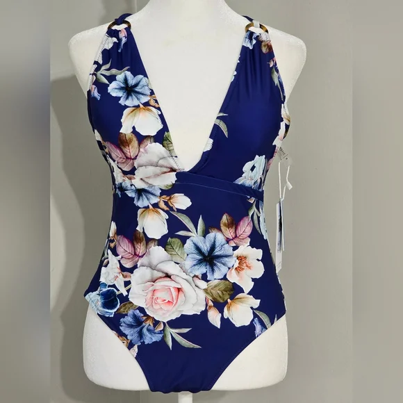 NWT Cupshe Blue Floral Strappy One Piece Swimsuit Women's Size Medium - Picture 3 of 10